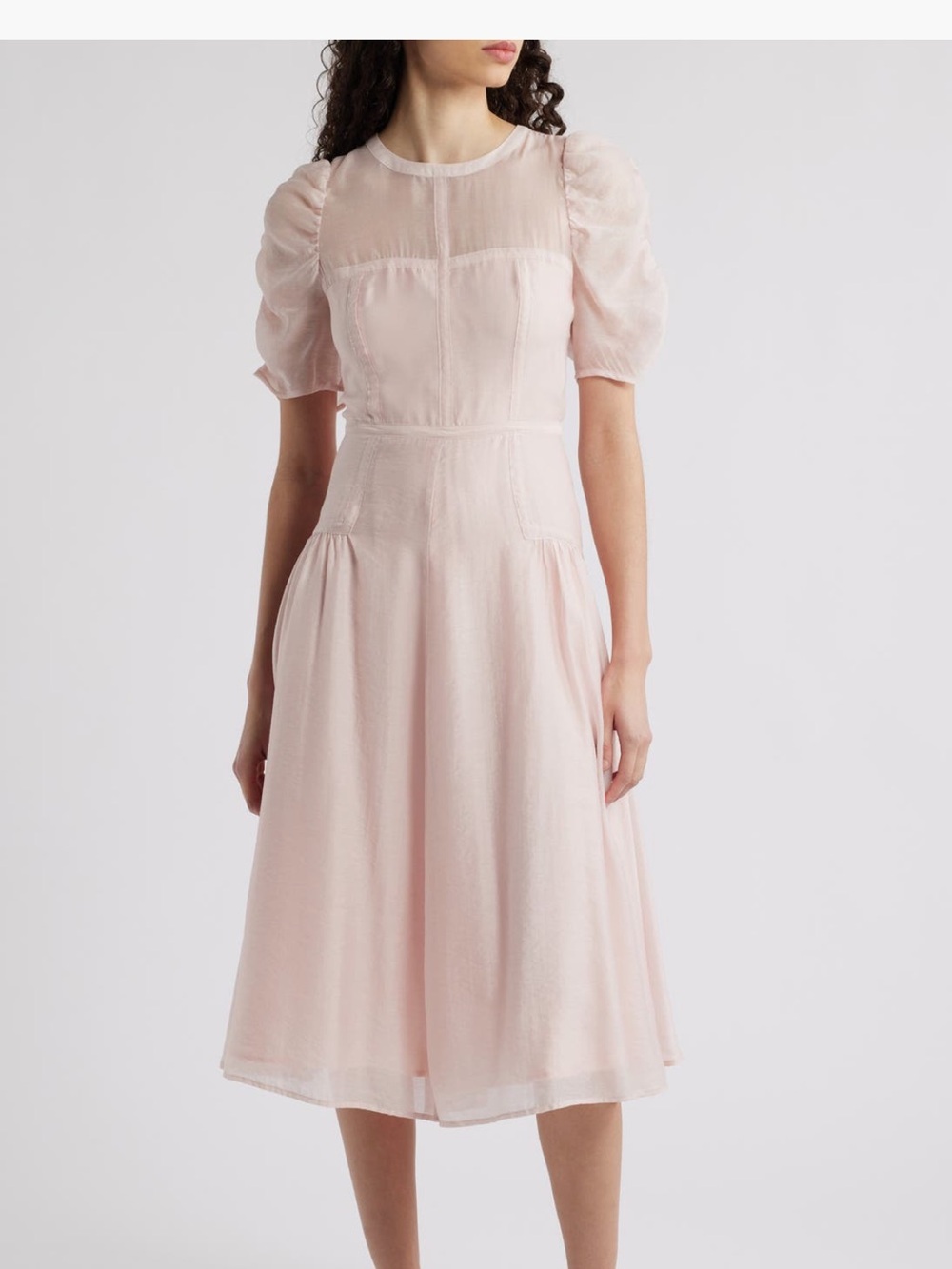 Chelsea 28Pale Pink Sheer-Yoke Puff Sleeve Midi Dress